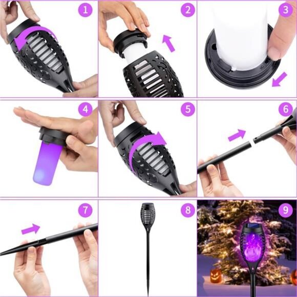 Purple Halloween Pathway Lights with Flickering Flame, 12Pack Solar Lights - Picture 4 of 7